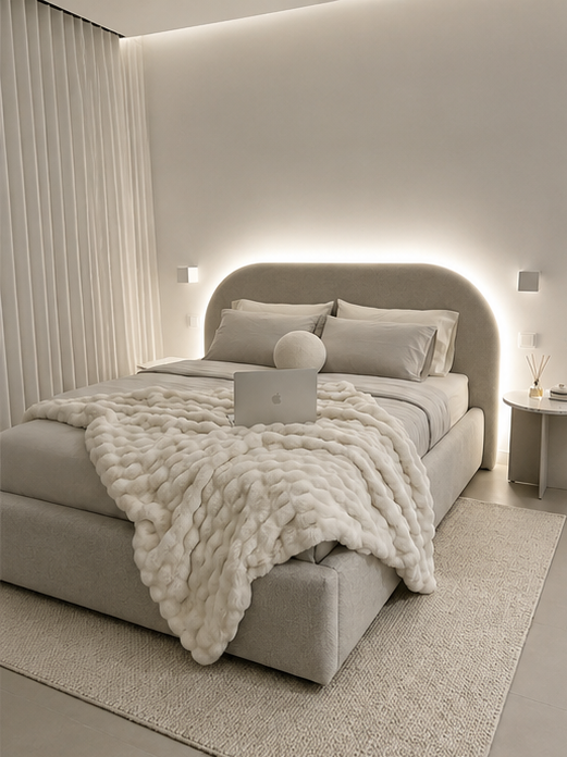 Lit Double Moderne avec Tête de Lit Arrondie et Éclairage LED