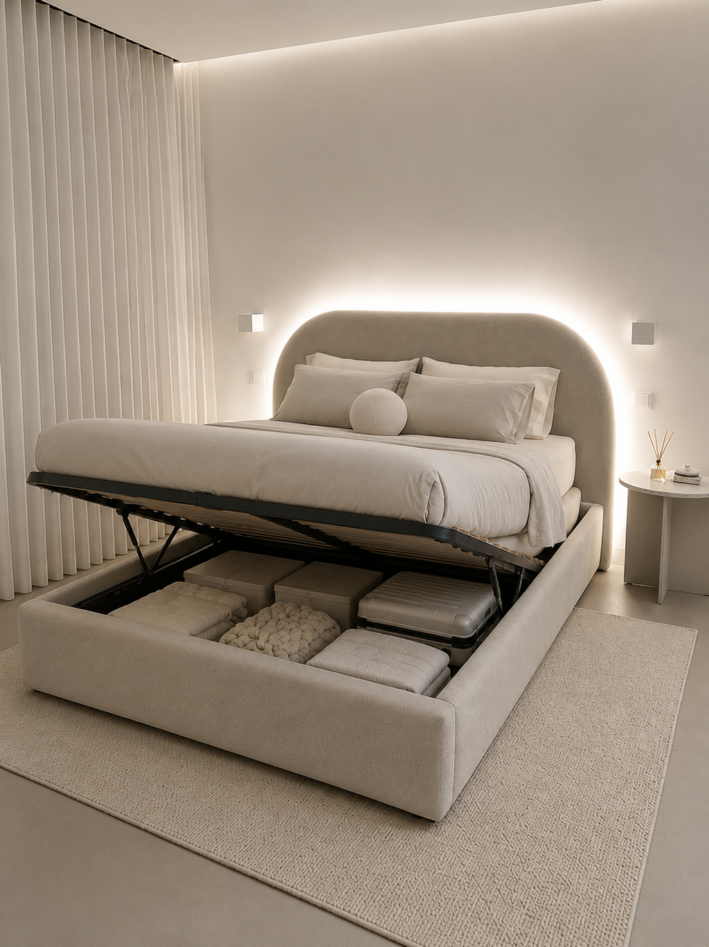 Lit Double Moderne avec Tête de Lit Arrondie et Éclairage LED